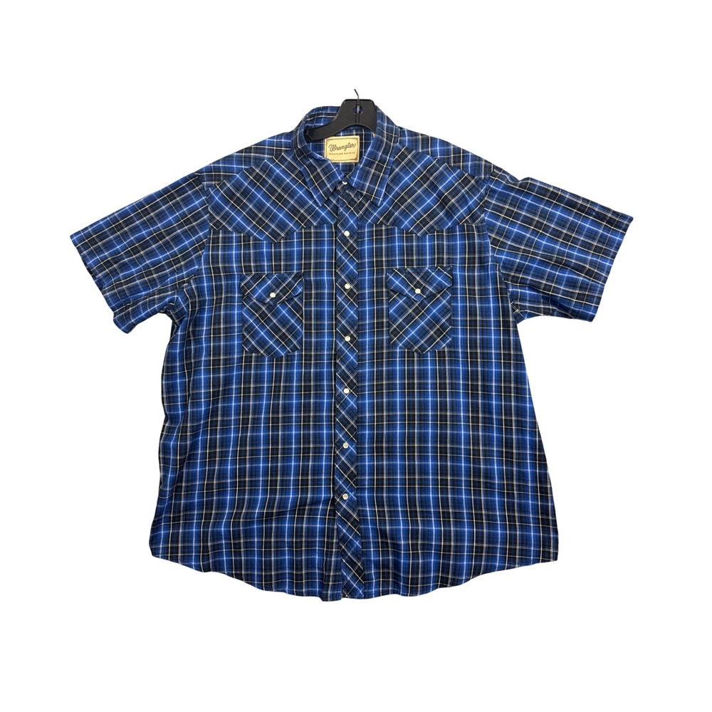 Wrangler Western Shirt Mens 2XL Blue Black Plaid Pearl Snap Short Sleeve 9379